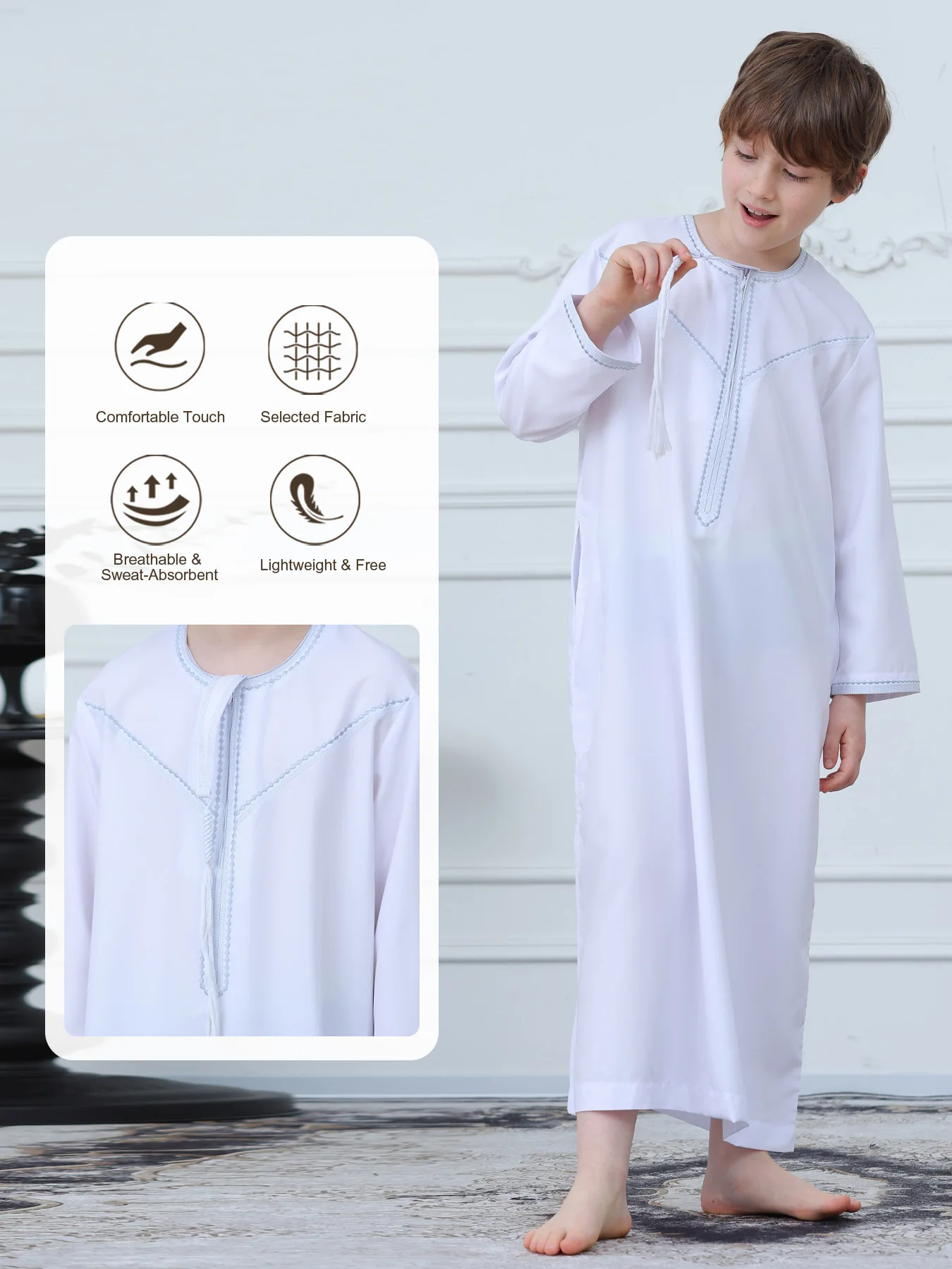 Boys Islamic Jubba Long Sleeve Round Neck Fine Stitch Trim Soft Fabric Kids Muslim Thobe Robe For Daily Prayer Eid Occasions
Boys Islamic Jubba Long Sleeve Round Neck Fine Stitch Trim Soft Fabric Kids Muslim Thobe Robe For Daily Prayer Eid Occasions