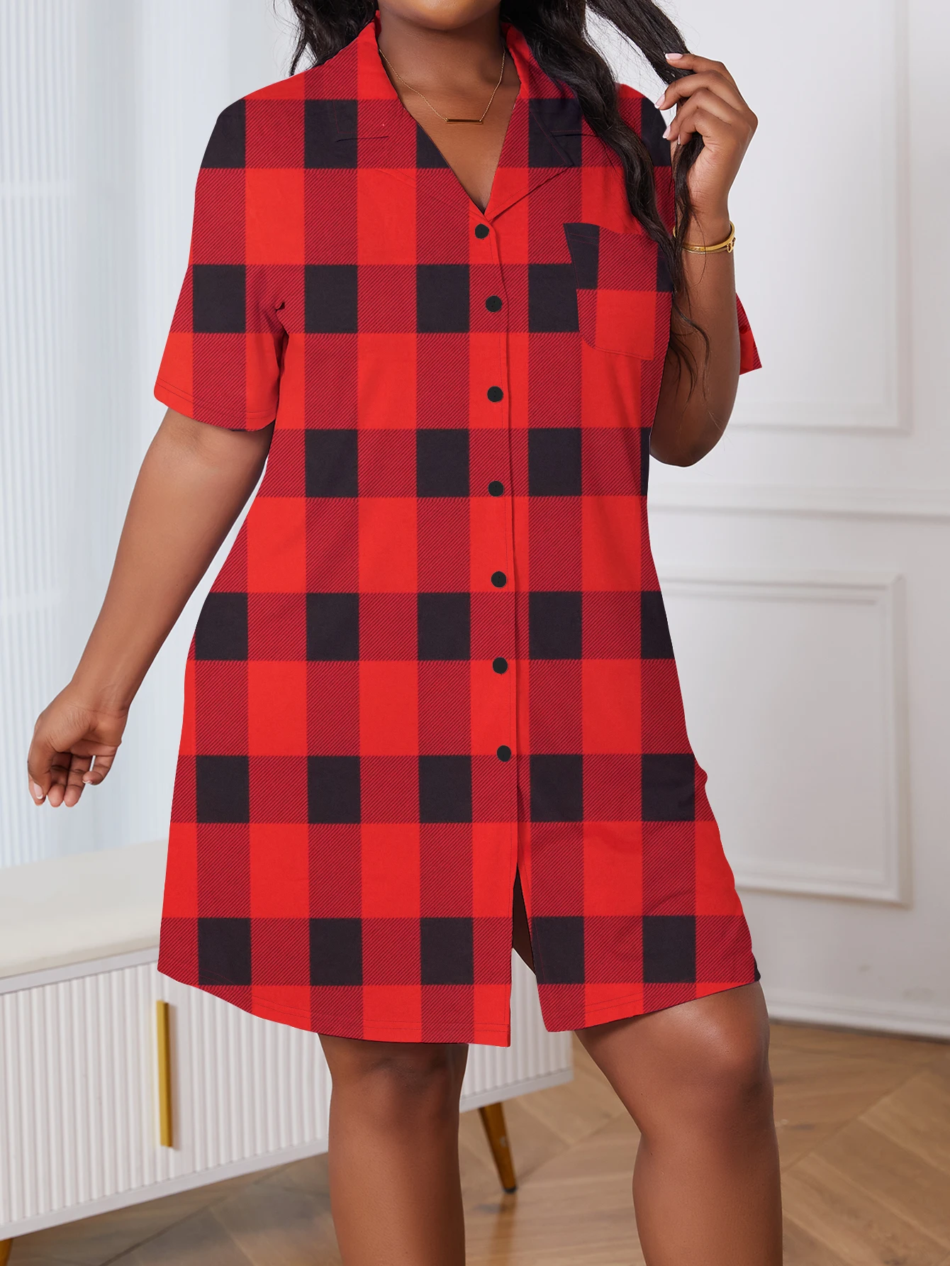 Plus Size Women's Summer Short Sleeve Black Red Plaid Print Shirtdress - Casual Comfy Home Dress 1XL-5XL
Plus Size Women's Summer Short Sleeve Black Red Plaid Print Shirtdress - Casual Comfy Home Dress 1XL-5XL