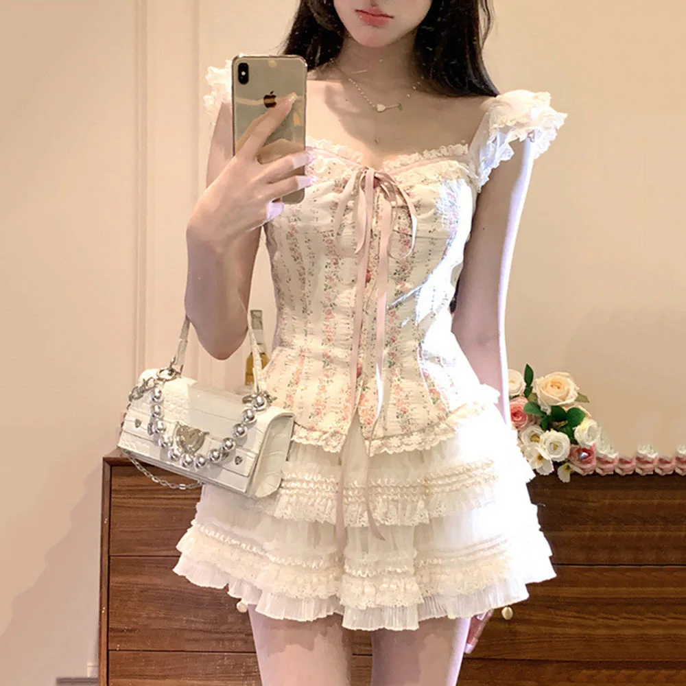 Summer Sweet Lace Print 2 Piece Set Women Bow Strappy Tops + Cake Mini Skirts Female Fashion Chic Kawaii Streetwear Suits 2025
Summer Sweet Lace Print 2 Piece Set Women Bow Strappy Tops + Cake Mini Skirts Female Fashion Chic Kawaii Streetwear Suits 2025