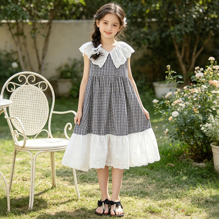 Girls Gingham Sleeveless Dress Eyelet Lace Collar Tiered Hem Black & White for Daily Wear Casual Outings Summer Sweet Kids Dress
Girls Gingham Sleeveless Dress Eyelet Lace Collar Tiered Hem Black & White for Daily Wear Casual Outings Summer Sweet Kids Dress