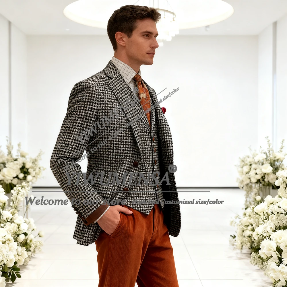 Деловые костюмы в британском стиле, мужские комплекты из 3 предметов, однобортные пиджаки с узором «гусиные лапки», индивидуальные мужские смокинги для банкета и ужина
Деловые костюмы в британском стиле, мужские комплекты из 3 предметов, однобортные пиджаки с узором «гусиные лапки», индивидуальные мужские смокинги для банкета и ужина