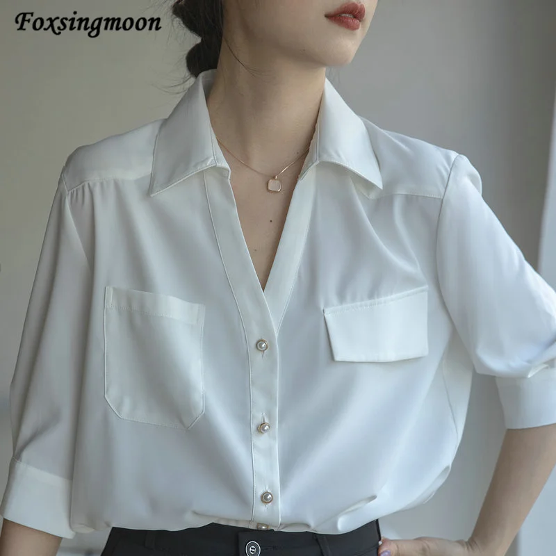 Chiffon Blouses Silk Shirts Women Half Short Sleeve Tops 2022 Summer Solid Lapel White Shirts Office Lady Korean Female Blusas
Chiffon Blouses Silk Shirts Women Half Short Sleeve Tops 2022 Summer Solid Lapel White Shirts Office Lady Korean Female Blusas