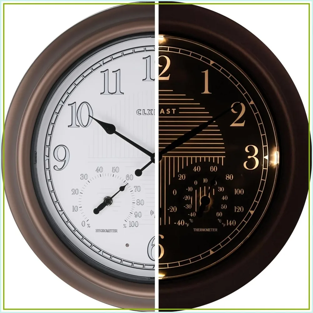 18 Inch Illuminated Outdoor Atomic Analog Wall Clock with Temperature & Humidity, Large Waterproof Patio Clock, Bronze Finish
18 Inch Illuminated Outdoor Atomic Analog Wall Clock with Temperature & Humidity, Large Waterproof Patio Clock, Bronze Finish