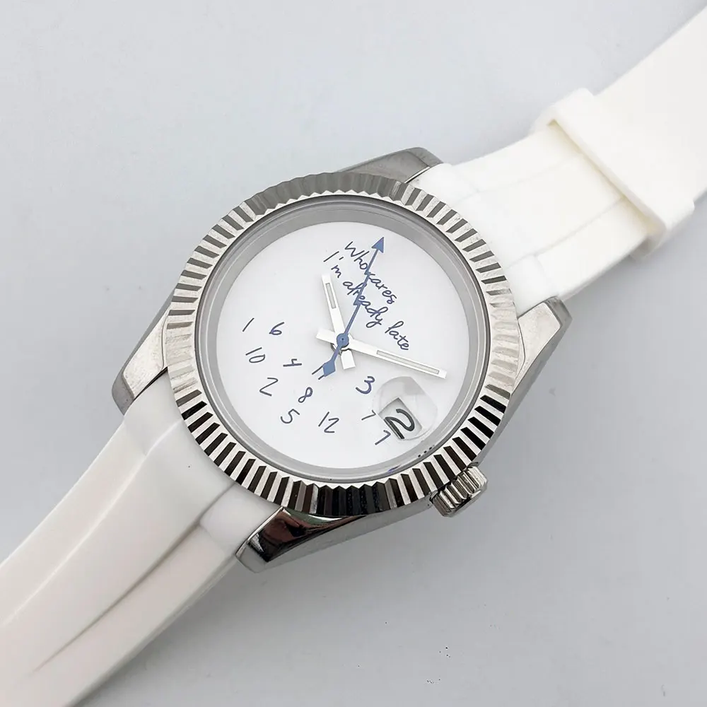 39mm 36mm "who cares" datejust watch sapphire glass fit for NH35 movement white rubber strap transparent back 5bar waterproof
39mm 36mm "who cares" datejust watch sapphire glass fit for NH35 movement white rubber strap transparent back 5bar waterproof