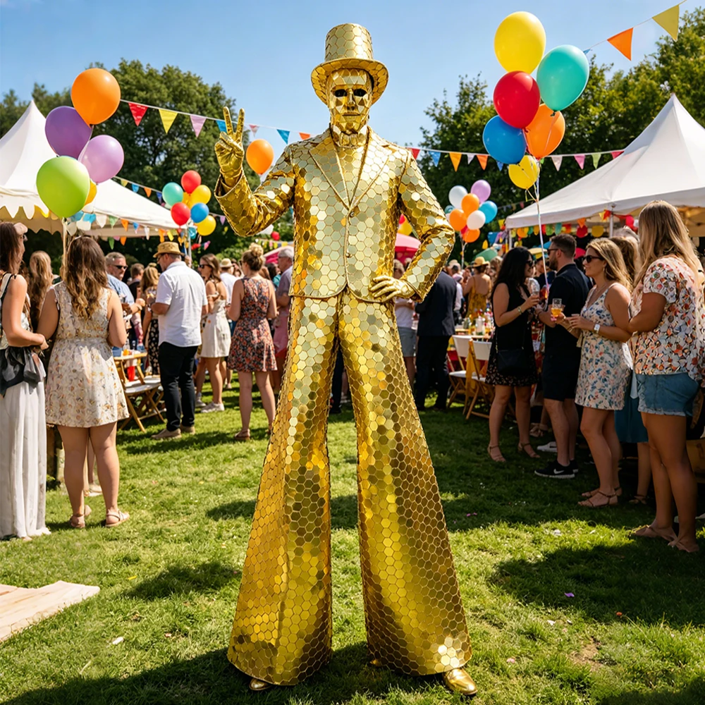 Gold Silver Hexagon Honeycomb Mirror Stilt Walker Costume Handmade Reflective GOGO Performance Stage Parade Suit
Gold Silver Hexagon Honeycomb Mirror Stilt Walker Costume Handmade Reflective GOGO Performance Stage Parade Suit