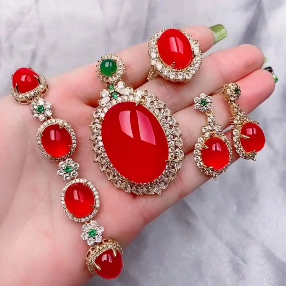 High Ice Chalcedony Inlaid Ring Pendant Earrings Bracelet Four-piece Women's Jewelry Set
High Ice Chalcedony Inlaid Ring Pendant Earrings Bracelet Four-piece Women's Jewelry Set