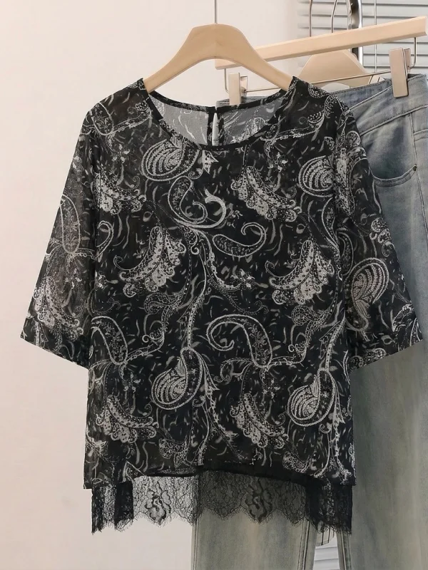 Lace Hemmed Short Sleeve Women's Shirts Summer New plus Size Fashionable Young Looking Coconut Flower Print Maxi Length Tops
Lace Hemmed Short Sleeve Women's Shirts Summer New plus Size Fashionable Young Looking Coconut Flower Print Maxi Length Tops