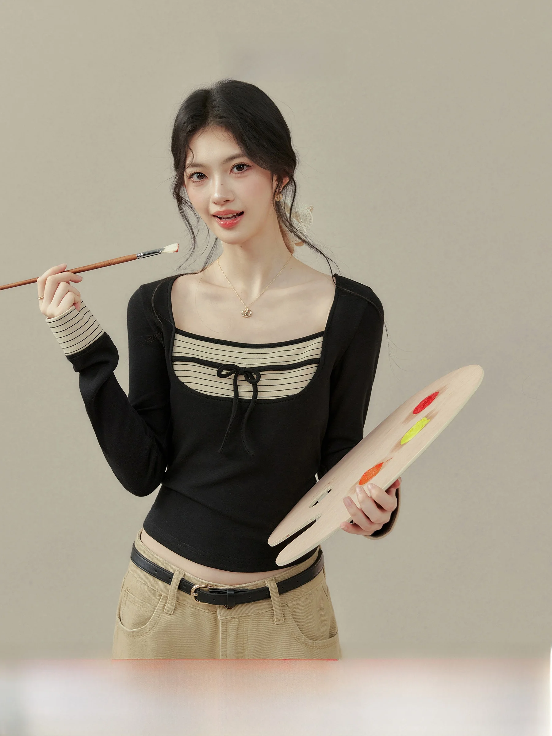 Ouyang Xi Sea Park Striped Patchwork Color Block Knitted T-Shirt Women's Spring Black Square Collar Top Classic Style Slim Fi...
Ouyang Xi Sea Park Striped Patchwork Color Block Knitted T-Shirt Women's Spring Black Square Collar Top Classic Style Slim Fi...
