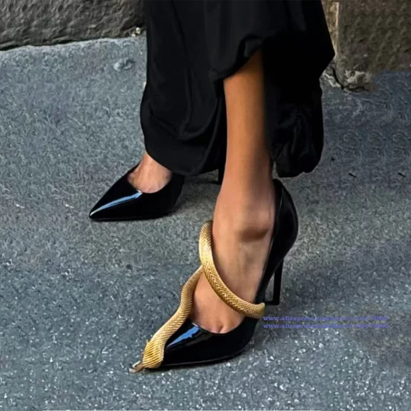 Black Patent Leather Pointed Toe High Heels Snake Ankle Wrap Women's Pumps Designer Dress Party Shoes Sandalias De Mujer Verano
Black Patent Leather Pointed Toe High Heels Snake Ankle Wrap Women's Pumps Designer Dress Party Shoes Sandalias De Mujer Verano
