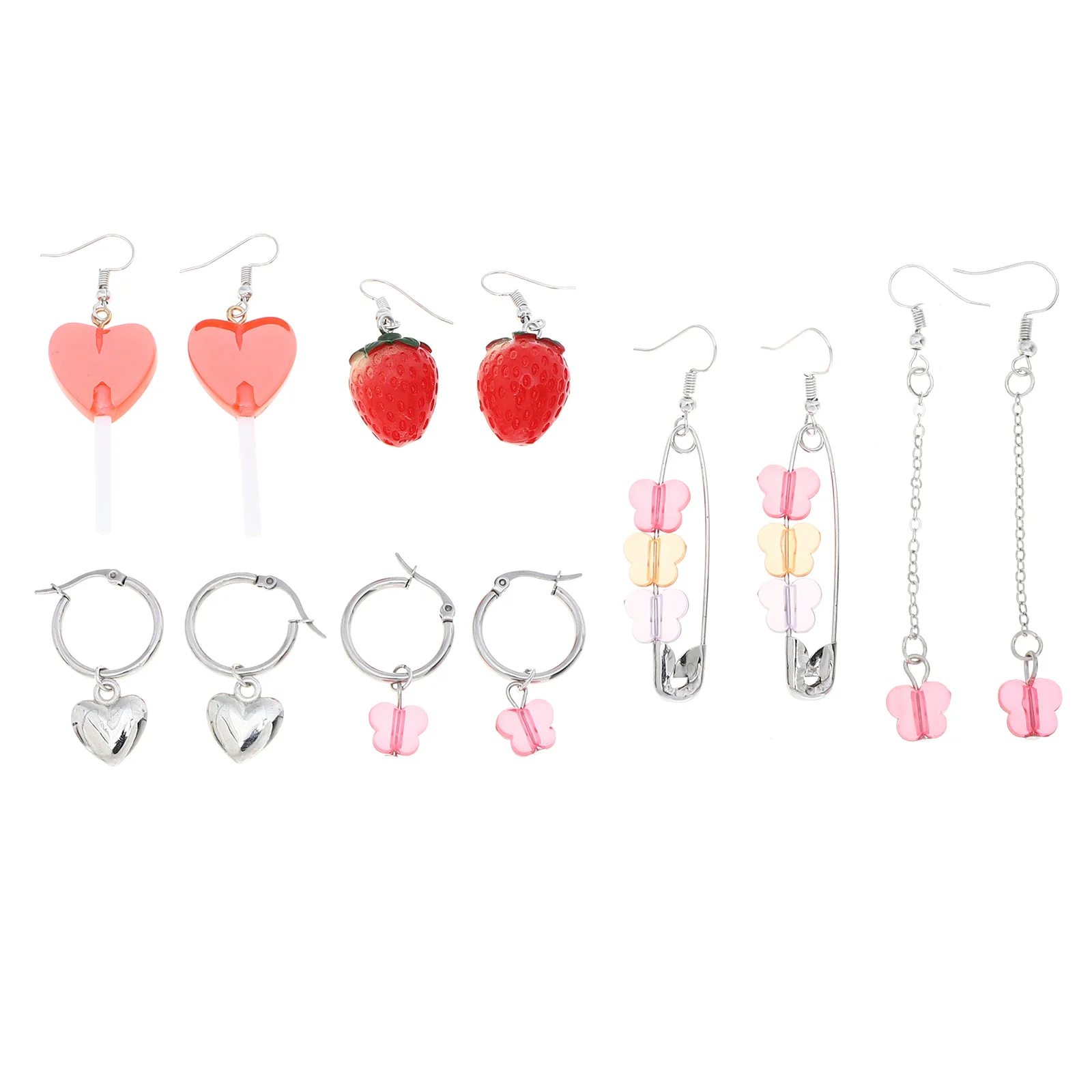 6 Pairs Heart Earrings Hoop Butterfly Metal Strawberry Charm Heart-shaped Resin Dangler Pendant
6 Pairs Heart Earrings Hoop Butterfly Metal Strawberry Charm Heart-shaped Resin Dangler Pendant