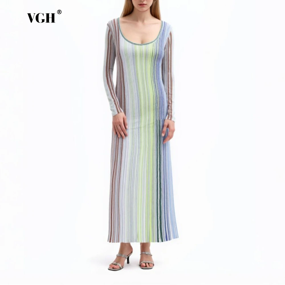 VGH Colorblock Striped Print Elegant Dresses for Women Round Neck Long Sleeve Slimming Temperament Pullover Knitted Dress Female
VGH Colorblock Striped Print Elegant Dresses for Women Round Neck Long Sleeve Slimming Temperament Pullover Knitted Dress Female