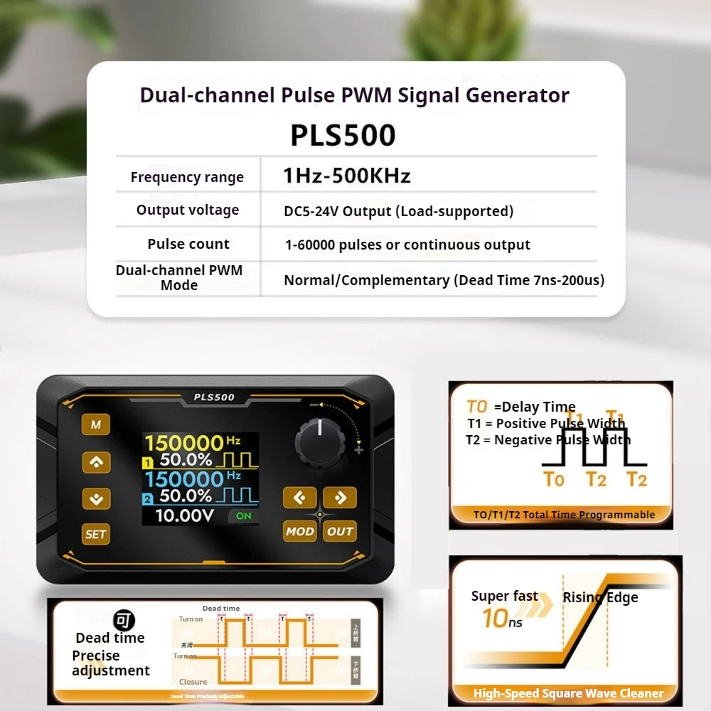 PLS500 Dual Channel Pulse PWM Signal Generator DC5-24V Time Adjustable and Programmable 1Hz~500kHz
PLS500 Dual Channel Pulse PWM Signal Generator DC5-24V Time Adjustable and Programmable 1Hz~500kHz