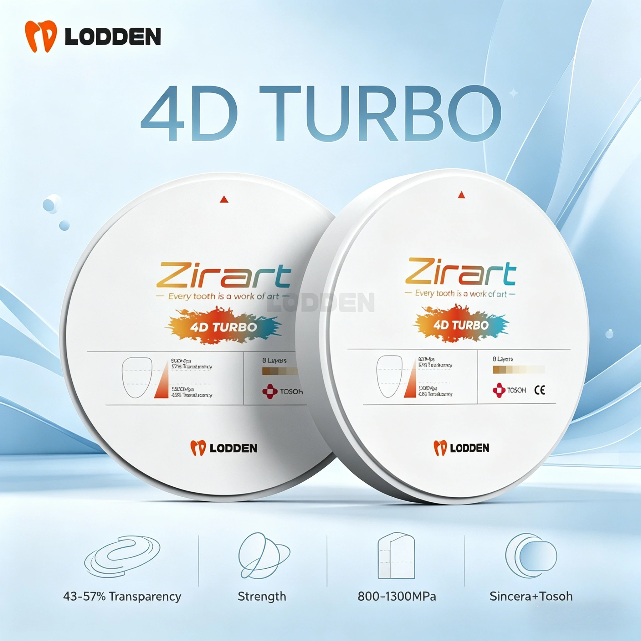 4D TURBO Multilayer Zirconia Block 43-57% Transparency 800-1300MPa Sincera+Tosoh Open System CAD CAM Dental Crown Restoration
4D TURBO Multilayer Zirconia Block 43-57% Transparency 800-1300MPa Sincera+Tosoh Open System CAD CAM Dental Crown Restoration