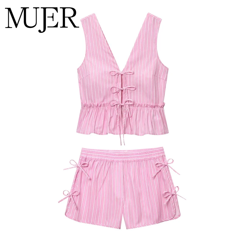MUJER Striped Shorts Sets for Women 2 Pieces Bow High Waist Bermuda Shorts Woman Summer Trousers Woman Outfit Sleeveless Tops
MUJER Striped Shorts Sets for Women 2 Pieces Bow High Waist Bermuda Shorts Woman Summer Trousers Woman Outfit Sleeveless Tops