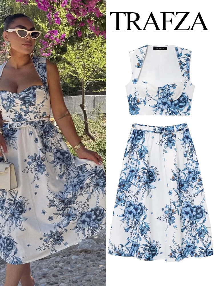 TRAFZA Women Autumn Pant Set Sleeveless Printed Shorts Tops+High Waist Belt Decoration Zipper Long Skirt Women Fashion Suits
TRAFZA Women Autumn Pant Set Sleeveless Printed Shorts Tops+High Waist Belt Decoration Zipper Long Skirt Women Fashion Suits