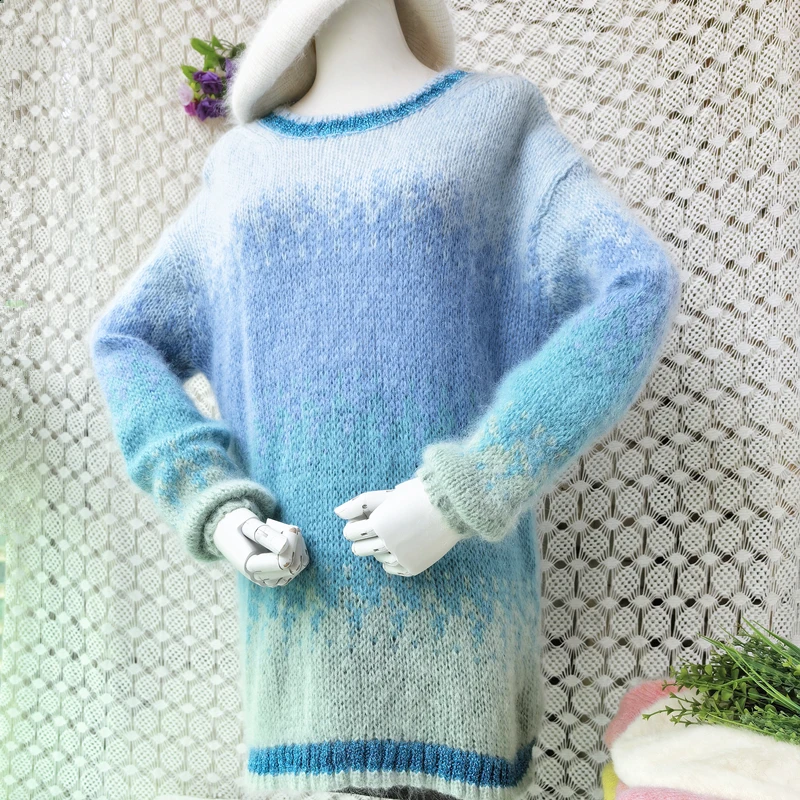 Ladies Women Spring Autumn Sky Blue Colored Hairy Mohair Wool Knitted O-Neck Long Sleeves Loose Pullover Sweater Jumper Pull
Ladies Women Spring Autumn Sky Blue Colored Hairy Mohair Wool Knitted O-Neck Long Sleeves Loose Pullover Sweater Jumper Pull