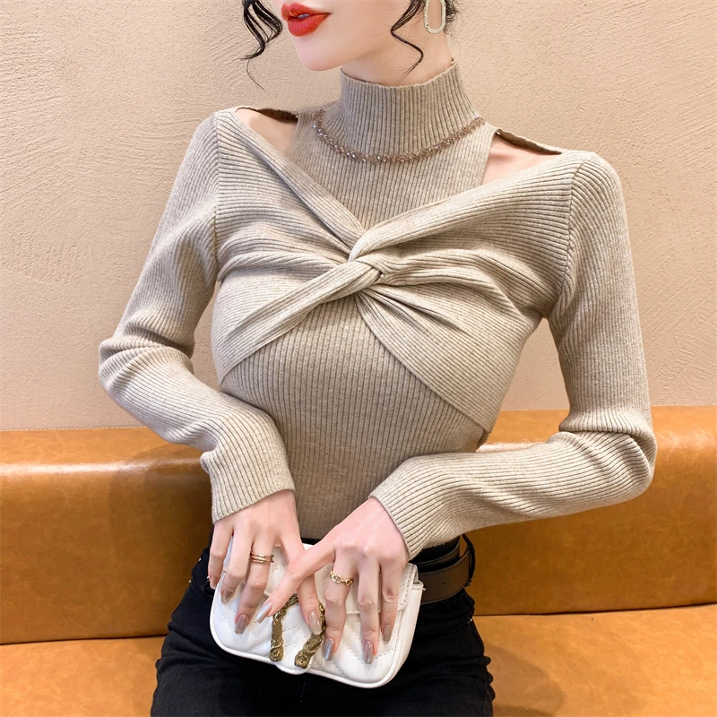 Women's f-High Collar Knitted Long Sve Base irt Hollow out Bead Design Autumn Winter Warm Thiened Sweater Inner Wear
Women's f-High Collar Knitted Long Sve Base irt Hollow out Bead Design Autumn Winter Warm Thiened Sweater Inner Wear