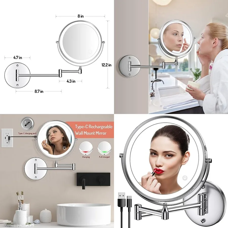 Rechargeable Wall Mounted Lighted Makeup Mirror, Double-Sided LED Vanity Mirror 1X/ Magnification, 3 Color Lights Touch Screen
Rechargeable Wall Mounted Lighted Makeup Mirror, Double-Sided LED Vanity Mirror 1X/ Magnification, 3 Color Lights Touch Screen