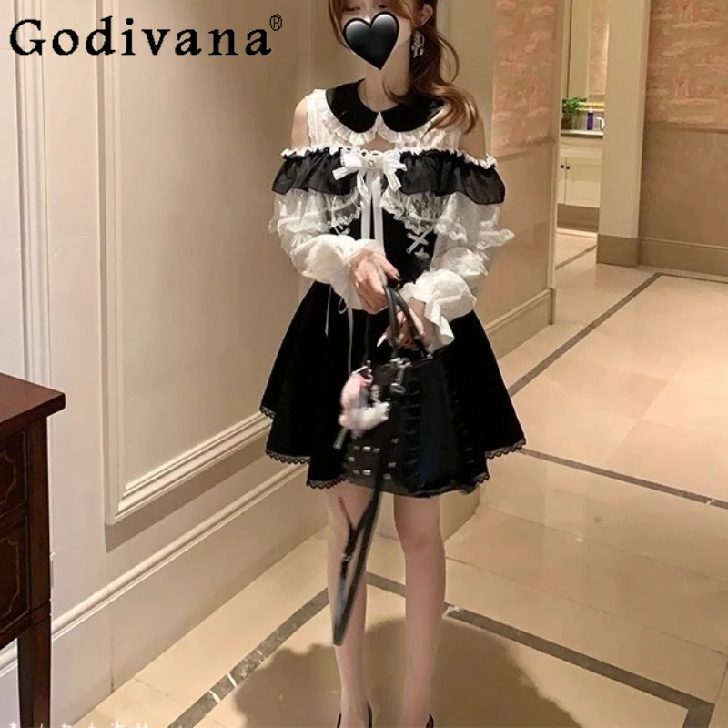 Women's Doll Collar Princess Lolita Dress Spring Autumn Original Lace Black Sweet Dress Female Long Sleeve Cute Short Dress
Women's Doll Collar Princess Lolita Dress Spring Autumn Original Lace Black Sweet Dress Female Long Sleeve Cute Short Dress