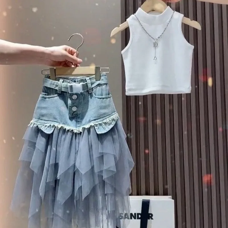 Teenage Girls Summer Outfit Fashion New Style Kids Vest Top + Mesh Splice Denim Skirt 2-Piece Set 100-170cm
Teenage Girls Summer Outfit Fashion New Style Kids Vest Top + Mesh Splice Denim Skirt 2-Piece Set 100-170cm