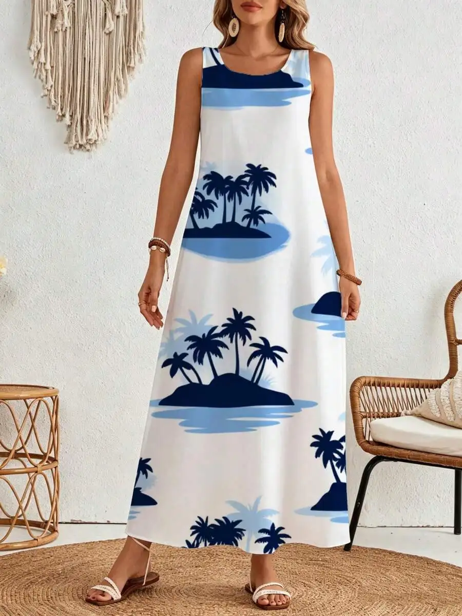 Sleeveless Maxi Dress White Blue Tropical Island Palm Tree Print Beach Vacation Summer Women
Sleeveless Maxi Dress White Blue Tropical Island Palm Tree Print Beach Vacation Summer Women