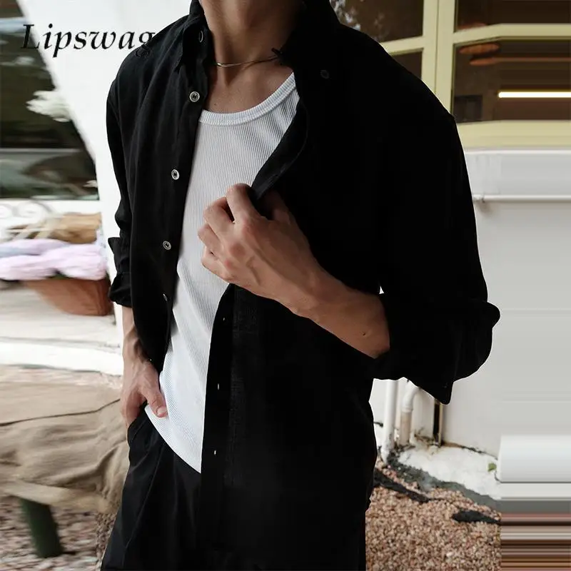 Винтажные рубашки с отложным воротником на пуговицах, мужские весенне-осенние уличные повседневные однотонные льняные рубашки, модные мужские рубашки с длинным рукавом 
Винтажные рубашки с отложным воротником на пуговицах, мужские весенне-осенние уличные повседневные однотонные льняные рубашки, модные мужские рубашки с длинным рукавом