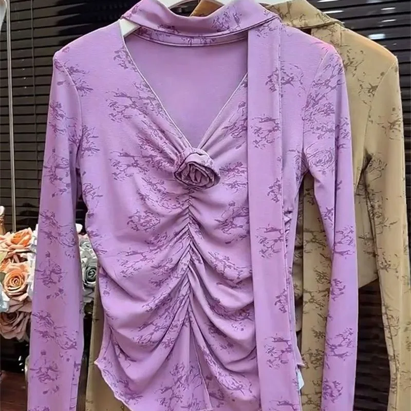 Fashion Women's V-neck Flower Long Sleeved Shirt Spring Autumn Printed Drawstring Hanging Neck Ruched Slim Pullover Commute Tops
Fashion Women's V-neck Flower Long Sleeved Shirt Spring Autumn Printed Drawstring Hanging Neck Ruched Slim Pullover Commute Tops