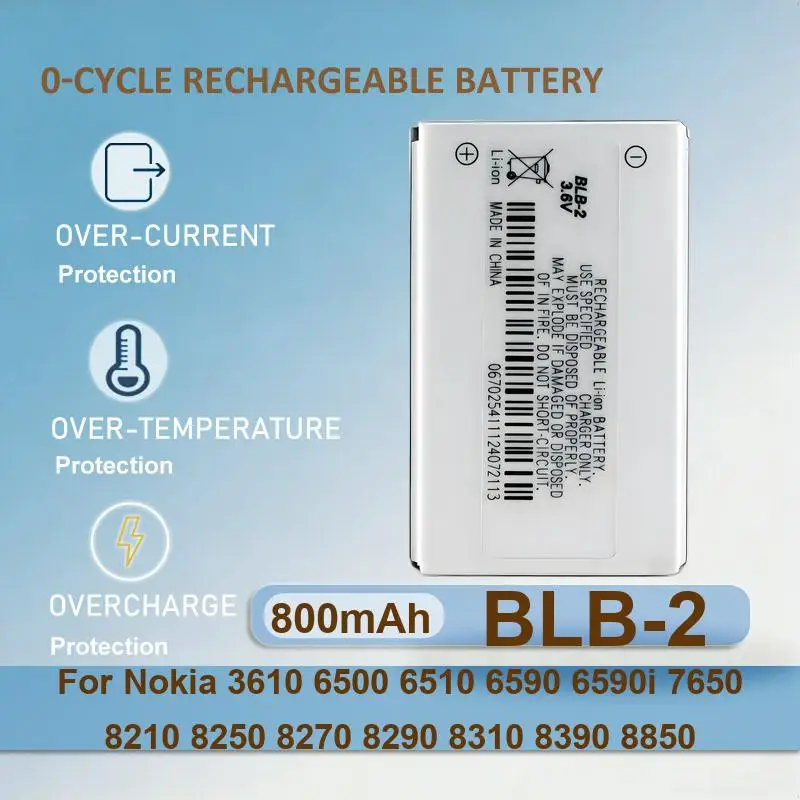 Аккумулятор BLB-2 для мобильных телефонов Nokia 3610, 6500, 6510, 6590, 6590i, 7650, 8210, 8250, 8270, 8290, 8310, 8390, 8850, BLB 2, 800 мАч
Аккумулятор BLB-2 для мобильных телефонов Nokia 3610, 6500, 6510, 6590, 6590i, 7650, 8210, 8250, 8270, 8290, 8310, 8390, 8850, BLB 2, 800 мАч