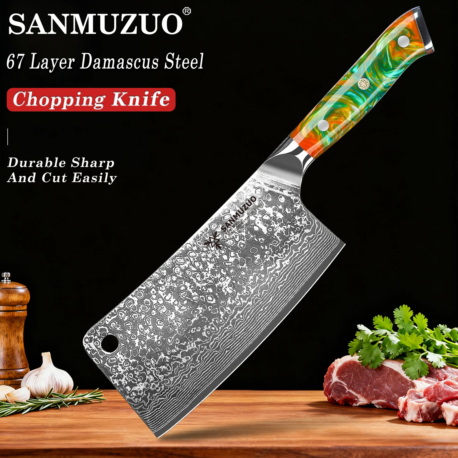 SANMUZUO 7 Inch Bone Chopping Knife - Xuan Series -VG10 Damascus Steel Kitchen Cleaver Knife with Resin Handle for Daily Cooking
SANMUZUO 7 Inch Bone Chopping Knife - Xuan Series -VG10 Damascus Steel Kitchen Cleaver Knife with Resin Handle for Daily Cooking
