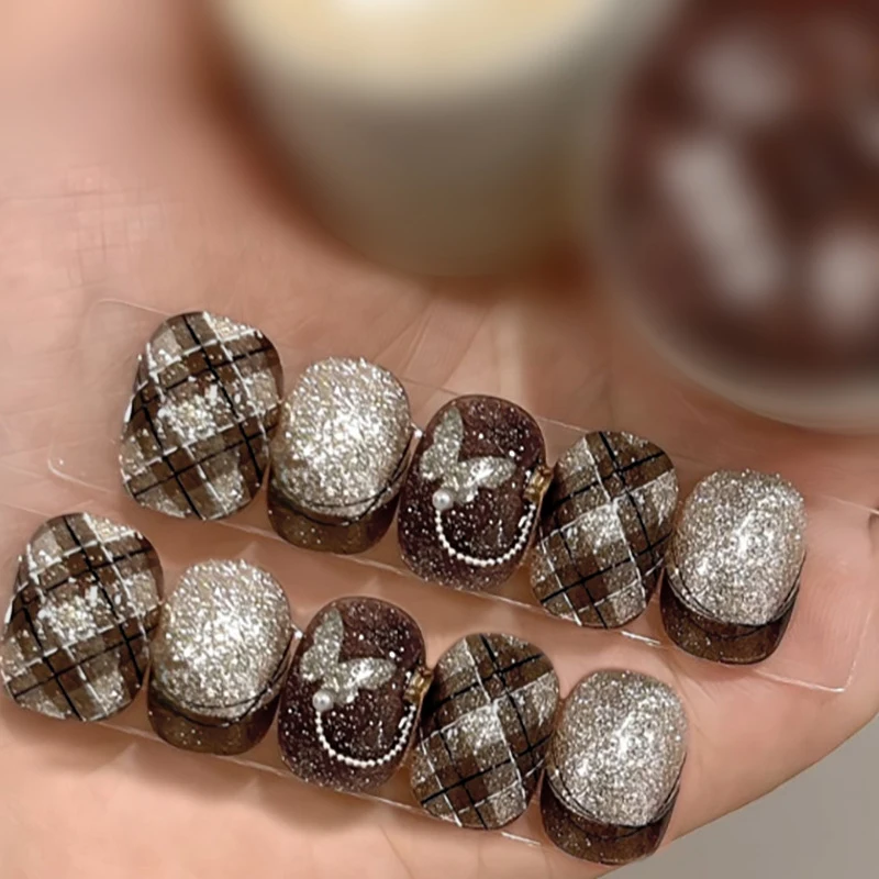 Handmade Press on Nails Short Fake Nails 10pcs Full Cover Brown Grid Design Manicure Wearable Detachable Nail Tips Art for Women
Handmade Press on Nails Short Fake Nails 10pcs Full Cover Brown Grid Design Manicure Wearable Detachable Nail Tips Art for Women