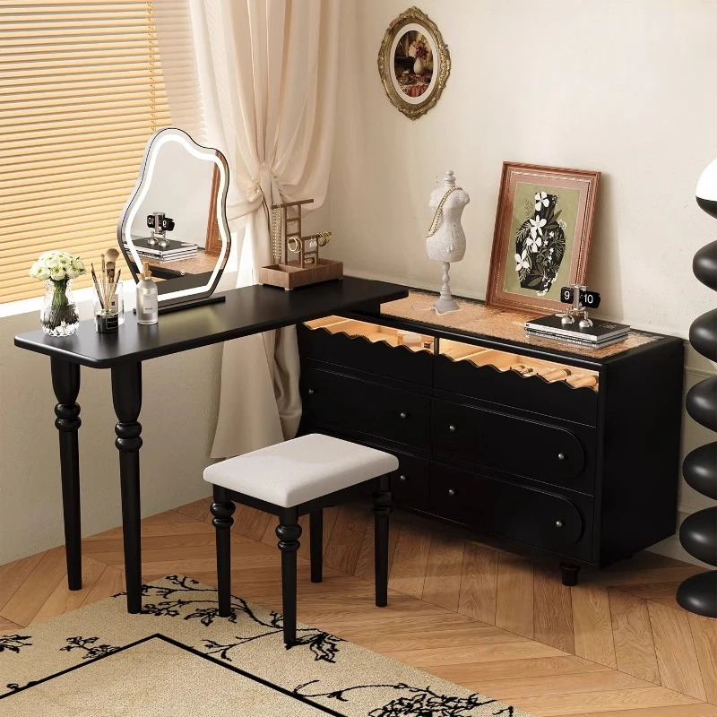 French retro wooden dressing table modern bedroom black vanity desk Makeup hairstyle modern mirror stool penteadeira furniture
French retro wooden dressing table modern bedroom black vanity desk Makeup hairstyle modern mirror stool penteadeira furniture
