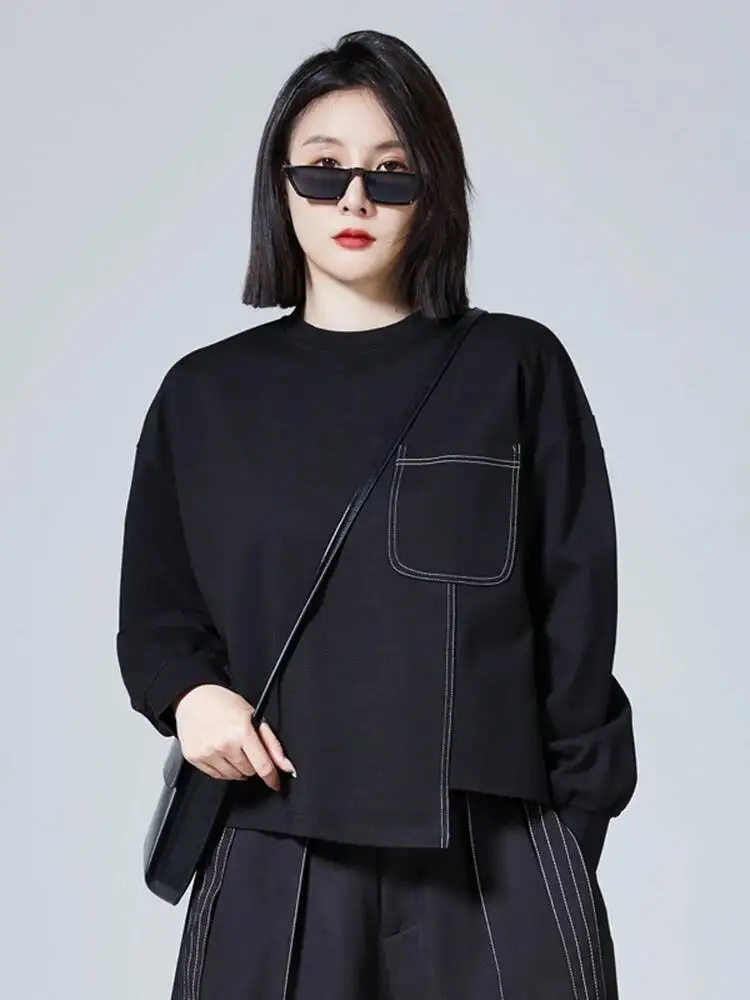 Women Black Topstitched Big Size Irregular T-shirt New Round Neck Long Sleeve Fashion Tide Spring Autumn
Women Black Topstitched Big Size Irregular T-shirt New Round Neck Long Sleeve Fashion Tide Spring Autumn