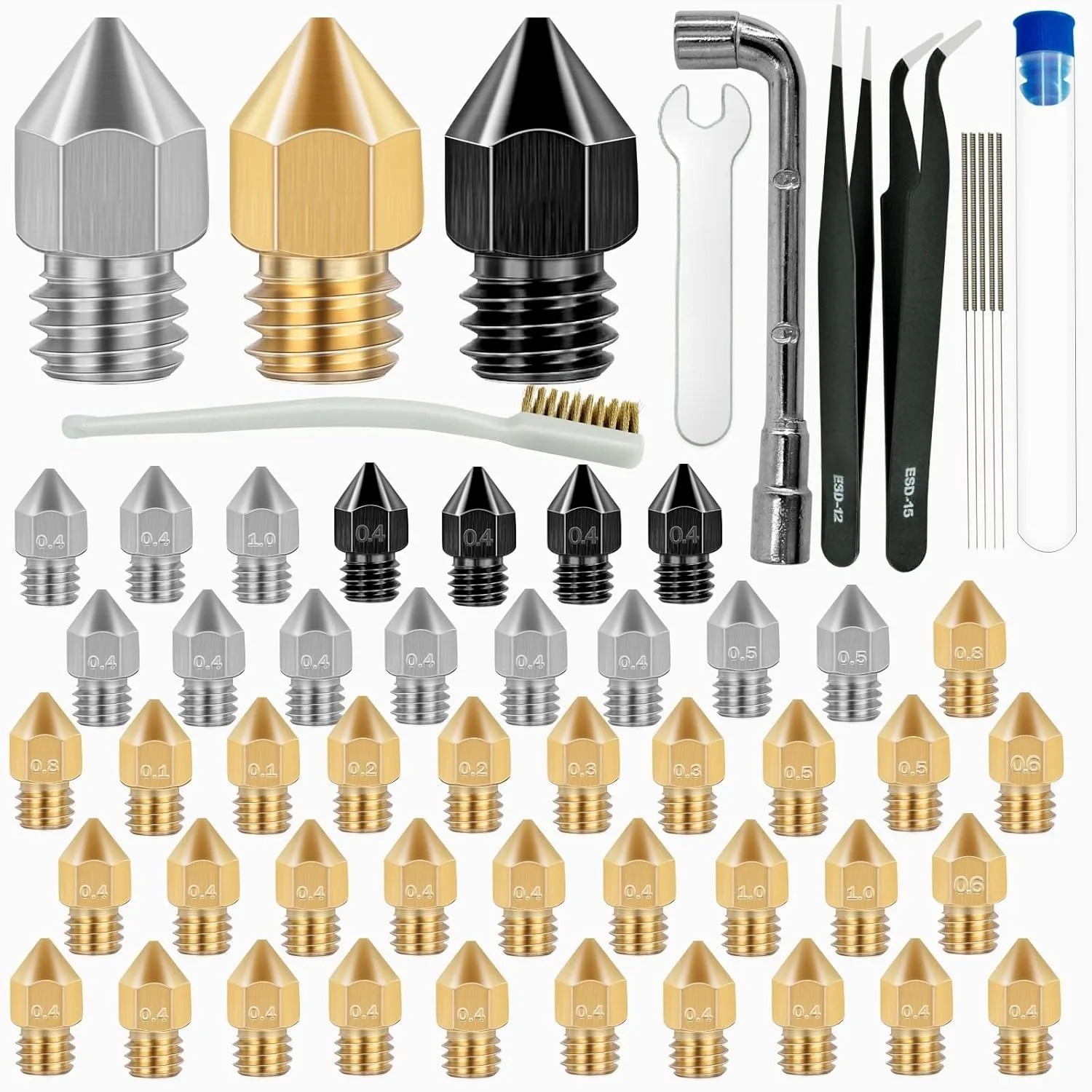 3D Printer Nozzles Kit 45pcs Mk8 Hardened Steel Stainless Steel Brass Extruder Nozzles with Cleaning Tools for CR-10 Ender 3
3D Printer Nozzles Kit 45pcs Mk8 Hardened Steel Stainless Steel Brass Extruder Nozzles with Cleaning Tools for CR-10 Ender 3