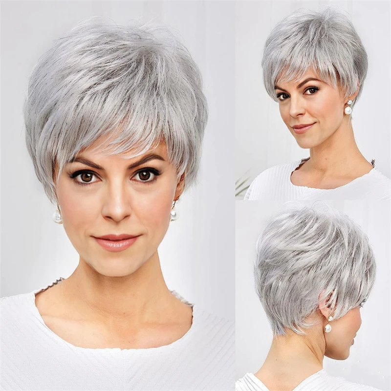 European American middle-aged and elderly wigs, side-swept bangs, silver-white slightly wavy short straight hair, synthetic
European American middle-aged and elderly wigs, side-swept bangs, silver-white slightly wavy short straight hair, synthetic