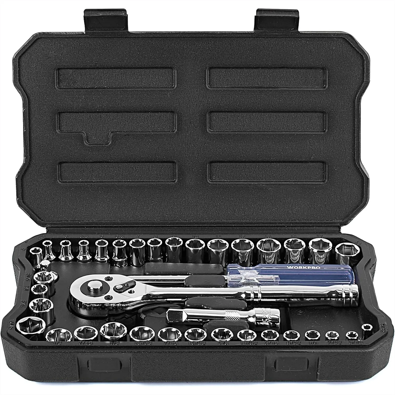 39-Piece Socket Set 1/4" & 3/8" Drive, CR-V Metric & SAE Sockets with Quick-Release Ratchet, Extension Bar, Spinner Handle &
39-Piece Socket Set 1/4" & 3/8" Drive, CR-V Metric & SAE Sockets with Quick-Release Ratchet, Extension Bar, Spinner Handle &