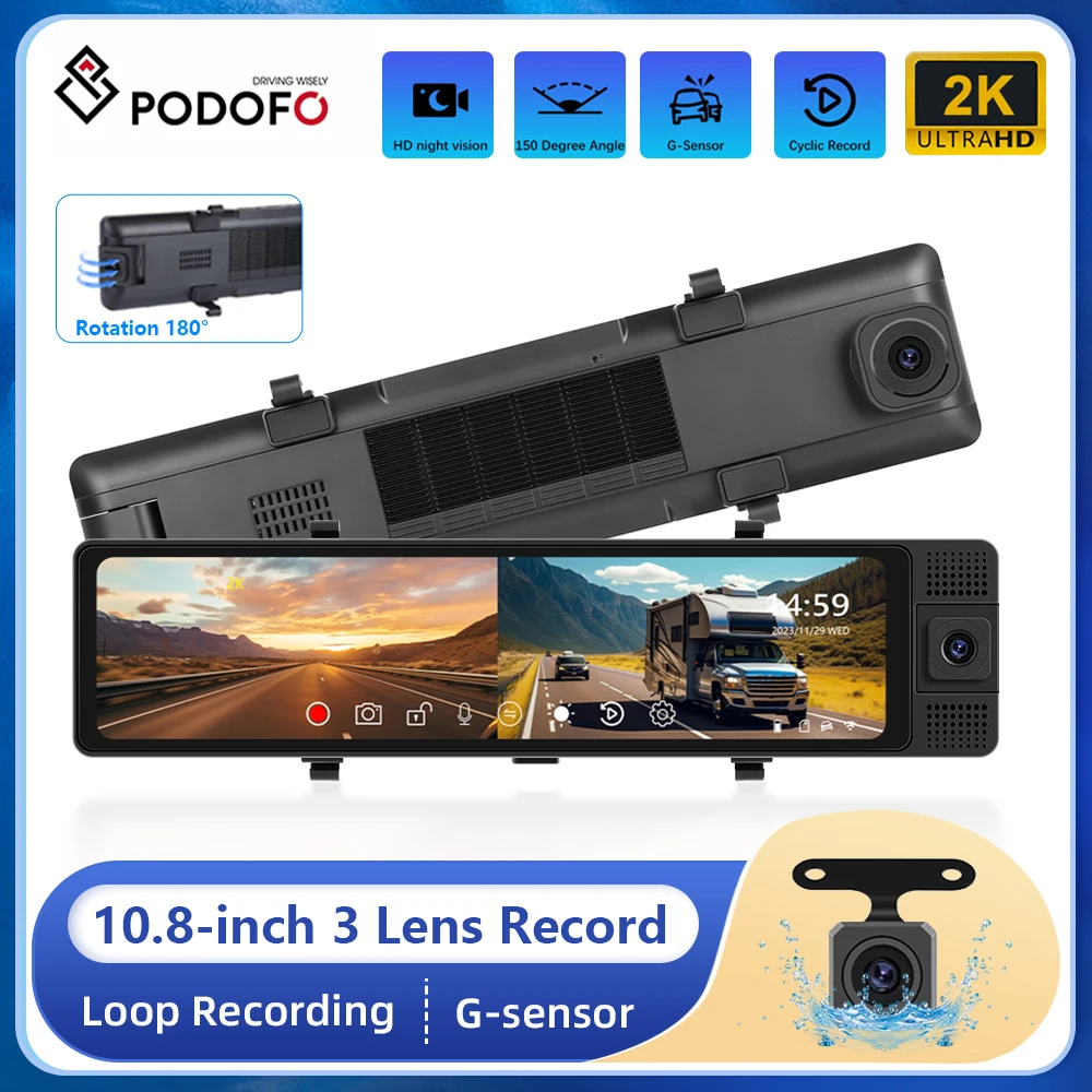 Podofo 3 Channel Dash Cam Front Rear Three Way Car Dashboard Camera Full HD 2K+Dual 1080P Camera Automobile Mirror Cam DVR
Podofo 3 Channel Dash Cam Front Rear Three Way Car Dashboard Camera Full HD 2K+Dual 1080P Camera Automobile Mirror Cam DVR