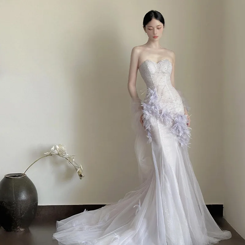 2025 New Exquisite Prom Dress Strapless Appliques With Feathers Mermaid Sexy Elegant Princess Evening Dress Vestido De Novia
2025 New Exquisite Prom Dress Strapless Appliques With Feathers Mermaid Sexy Elegant Princess Evening Dress Vestido De Novia