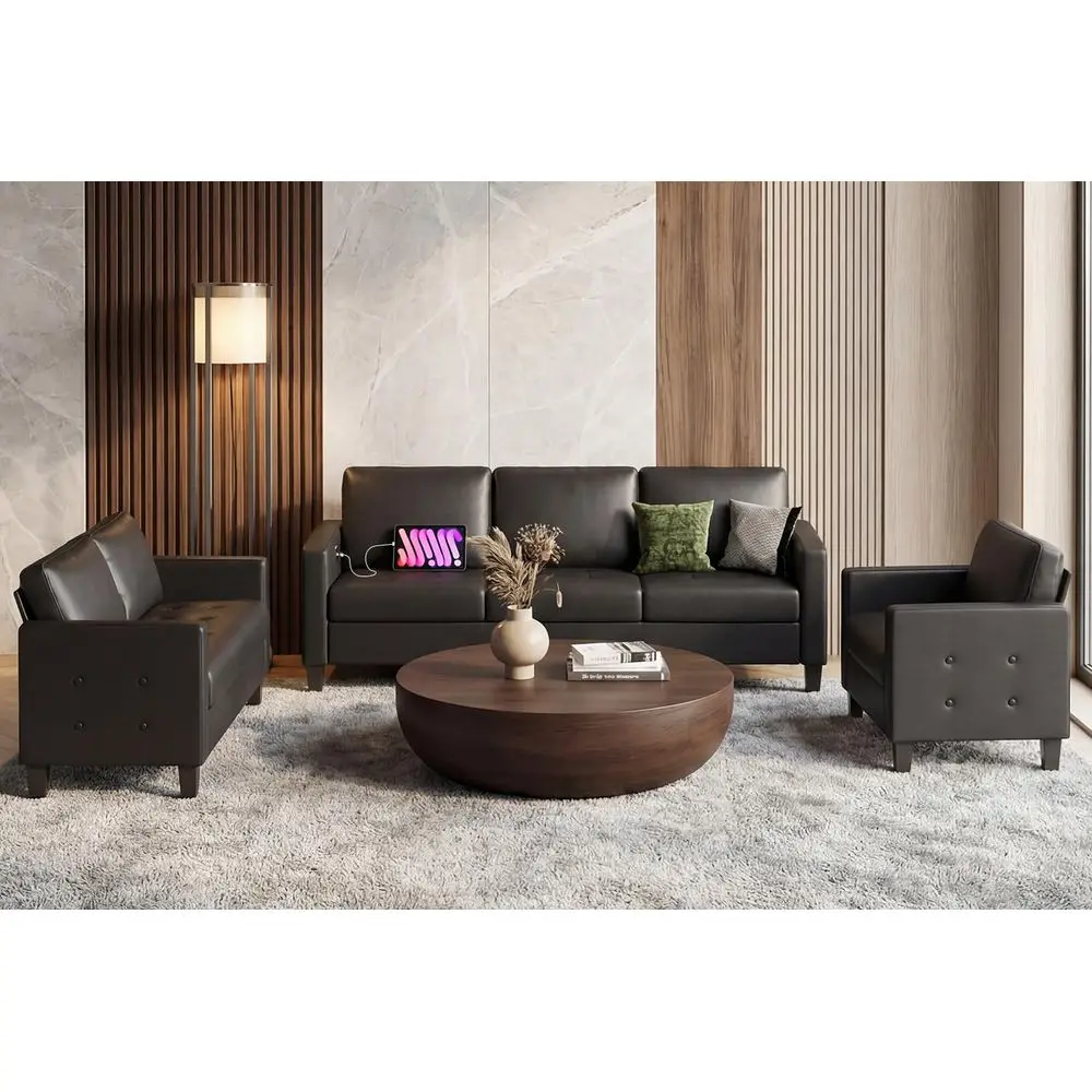 Black Faux Leather 3 Seater Sofa, Loveseat and Accent Chair, Modern Comfy Office Furniture Set, Small Love Seat Couch with Tuft
Black Faux Leather 3 Seater Sofa, Loveseat and Accent Chair, Modern Comfy Office Furniture Set, Small Love Seat Couch with Tuft