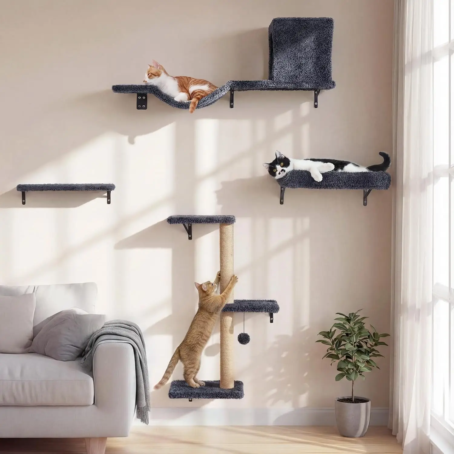 5-in-1 Cat Wall Shelves Set, Stable & Safe, Wooden Climbing Wall with Scratching Post for 16" Drywall - Gray
5-in-1 Cat Wall Shelves Set, Stable & Safe, Wooden Climbing Wall with Scratching Post for 16" Drywall - Gray