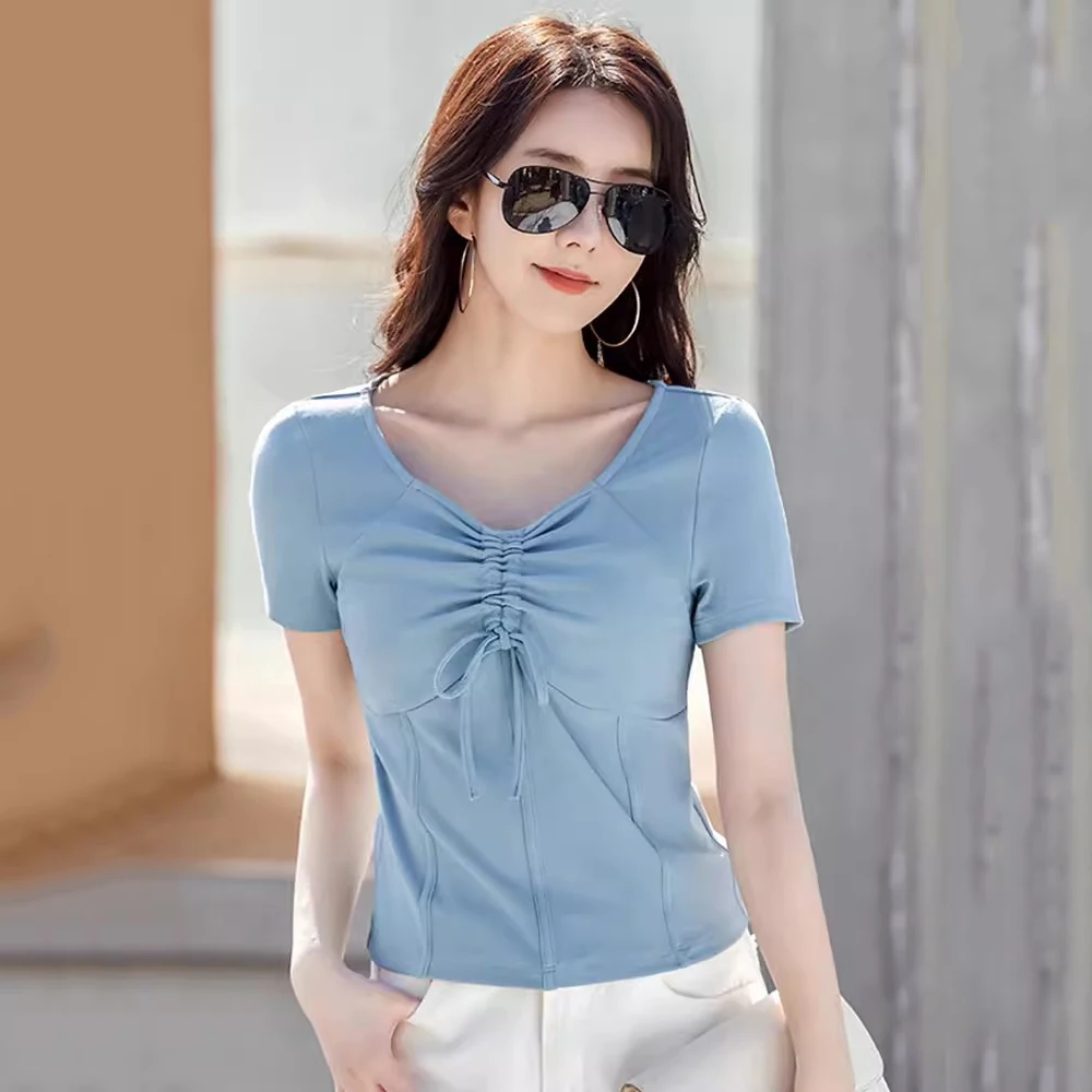 New Women Summer Drawstring V-Neck T-shirt Fashion Short Sleeve Slim Waist Cotton Tees Tops Simplicity Casual Short T-shirt
New Women Summer Drawstring V-Neck T-shirt Fashion Short Sleeve Slim Waist Cotton Tees Tops Simplicity Casual Short T-shirt