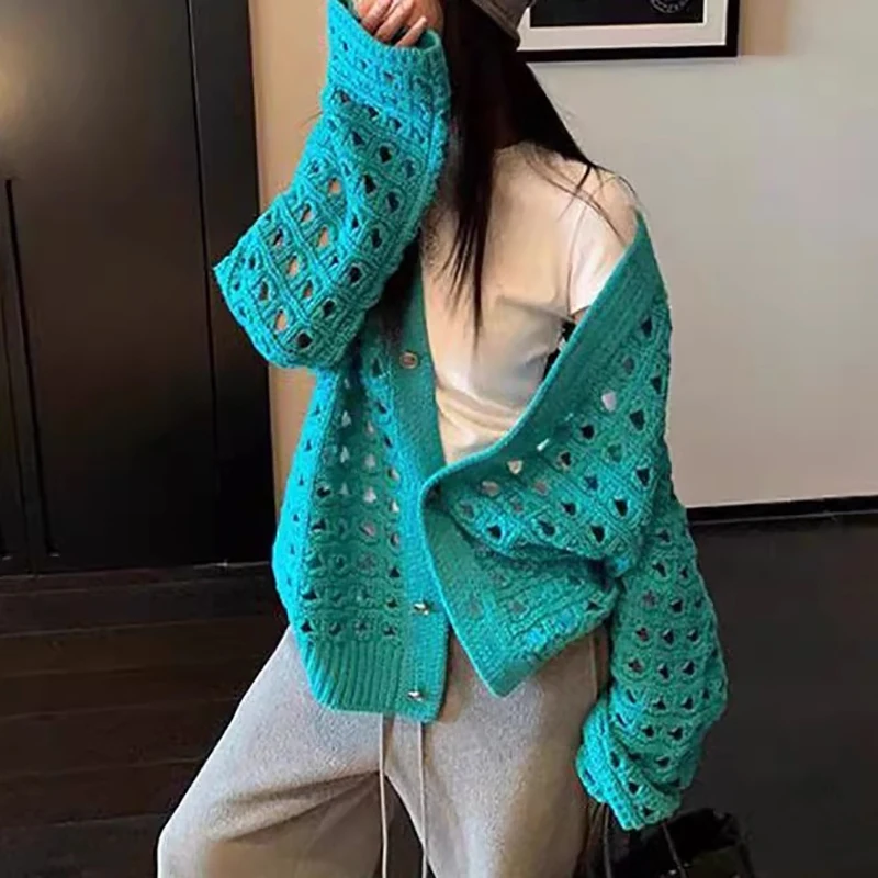 Lazy Style Hollow Out Knit Cardigans For Women Fashion V-Neck Loose Sweater Solid Color Long Sleeved Mid-length Overcoat
Lazy Style Hollow Out Knit Cardigans For Women Fashion V-Neck Loose Sweater Solid Color Long Sleeved Mid-length Overcoat