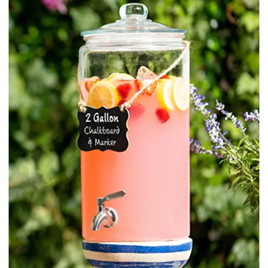 2 Gallon Beverage Serveware with Stainless Steel Spigot + Marker and Chalkboard 100% Leakproof Glass Drink Dispenser for Partie
2 Gallon Beverage Serveware with Stainless Steel Spigot + Marker and Chalkboard 100% Leakproof Glass Drink Dispenser for Partie