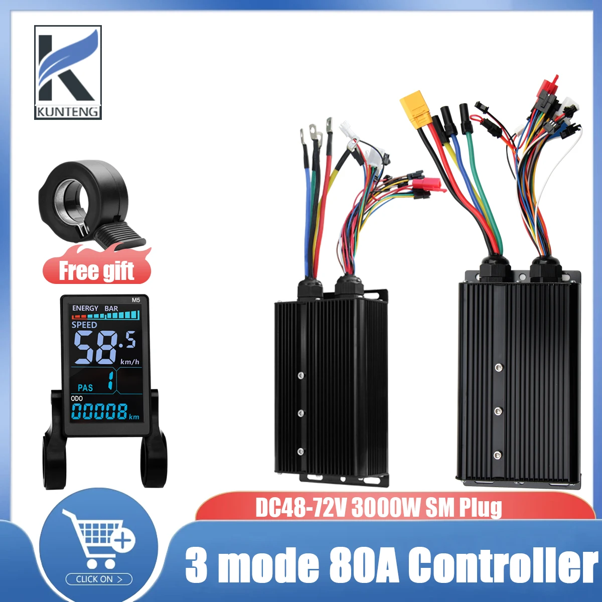 Контроллер для электровелосипеда 3000W/5000W, 48V-72V, 80A, 18 трубок, 3 режима, с разъемом Bull Nose или штекером XT90 SM
Контроллер для электровелосипеда 3000W/5000W, 48V-72V, 80A, 18 трубок, 3 режима, с разъемом Bull Nose или штекером XT90 SM