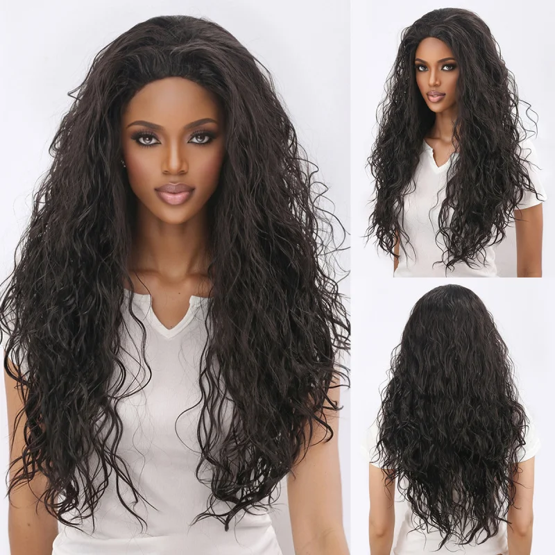 Dark brown long curly fluffy hair, slightly wavy synthetic wig, high-temperature fiber small curls African
Dark brown long curly fluffy hair, slightly wavy synthetic wig, high-temperature fiber small curls African