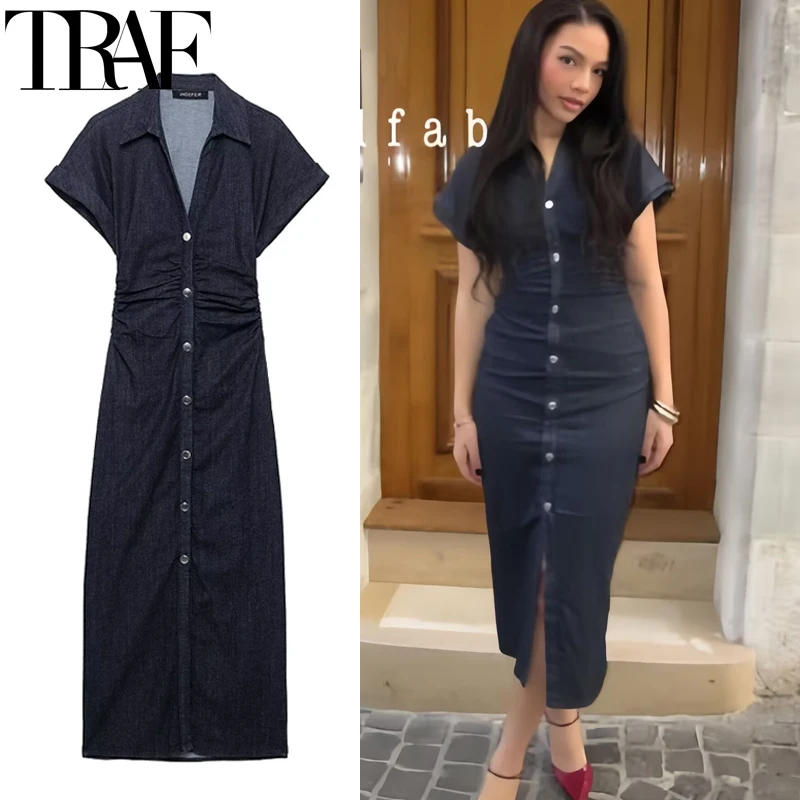 TRAF Blue Denim Dresses Woman Short Sleeve Shirt Long Dress Women Summer Ruched Bodycon Casual Dresses Elegant Midi Dress 088
TRAF Blue Denim Dresses Woman Short Sleeve Shirt Long Dress Women Summer Ruched Bodycon Casual Dresses Elegant Midi Dress 088