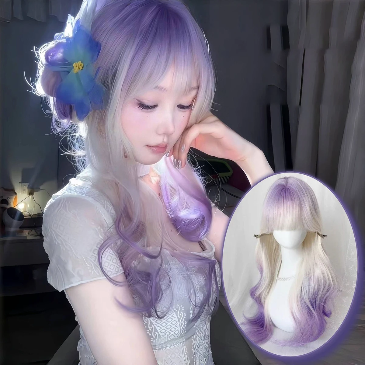 Синтетический фиолетовый большой волнистый парик вьющихся волос с воздушной челкой, женский парик для косплея, высокотемпературный шелковый градиентный головной убор 
Синтетический фиолетовый большой волнистый парик вьющихся волос с воздушной челкой, женский парик для косплея, высокотемпературный шелковый градиентный головной убор