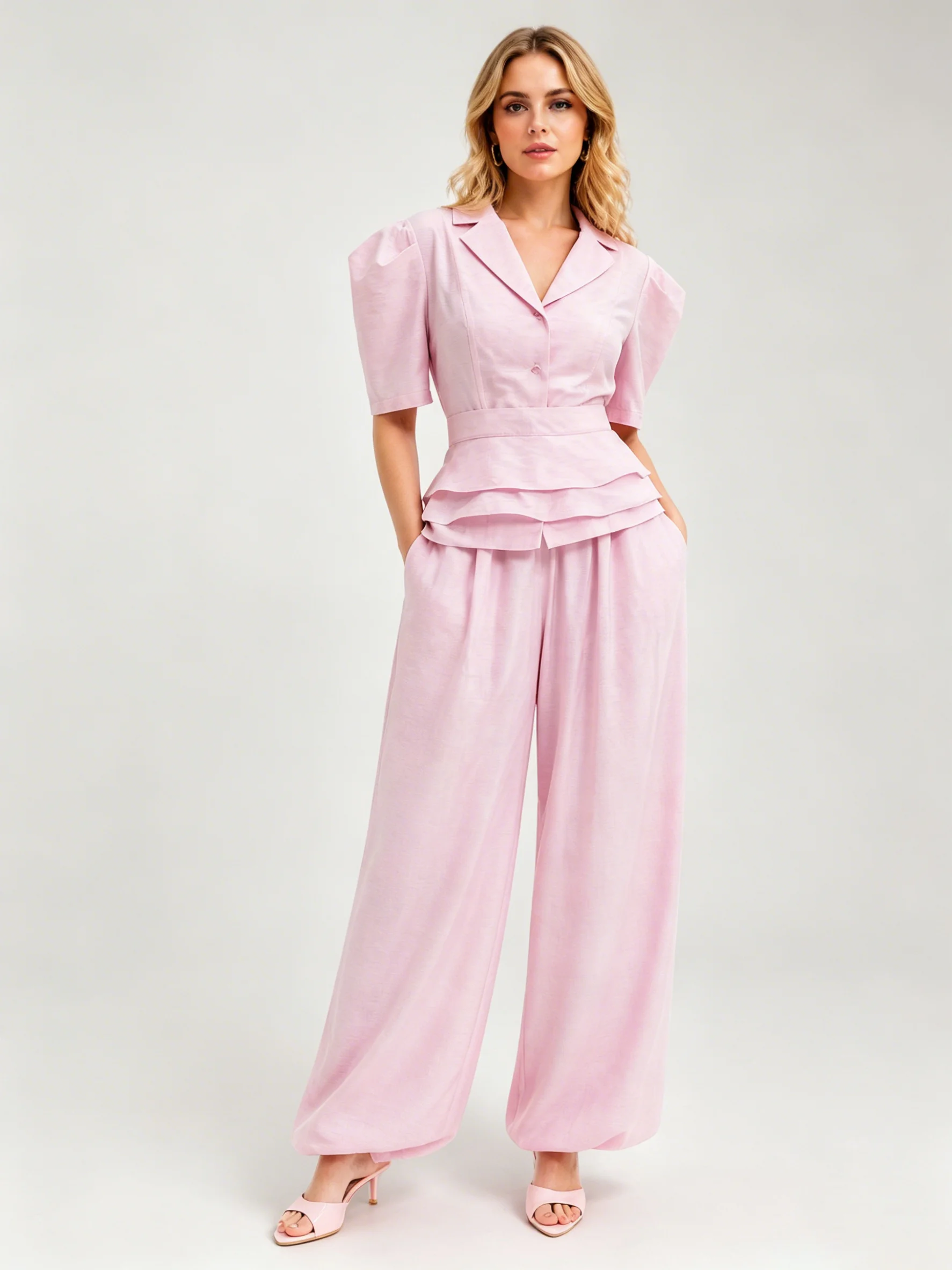 LIMO Lapel Puff Sleeve Tiered Top & High Waist Wide Leg Pants Women 2 Piece Outfit
LIMO Lapel Puff Sleeve Tiered Top & High Waist Wide Leg Pants Women 2 Piece Outfit