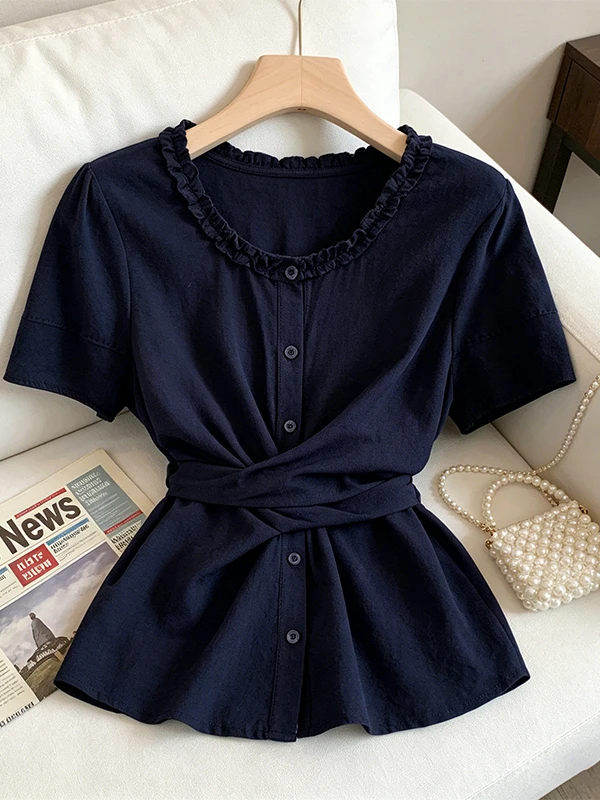 Chic Korean Style Shirt Summer 2026 Casual Short Sleeve Waist Cinched Bow Tie Wood Grain plus Size Women's Top
Chic Korean Style Shirt Summer 2026 Casual Short Sleeve Waist Cinched Bow Tie Wood Grain plus Size Women's Top