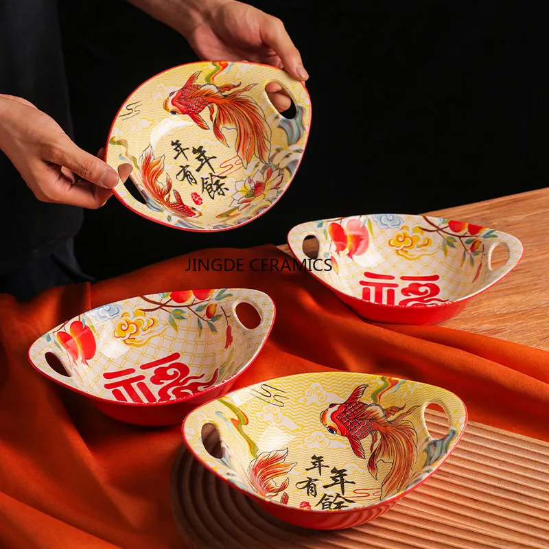 Chinese Lamian Noodles Bowl Yuanbao Style Ceramic Underglaze Colored Rice Bowl Double-handled Bowl Restaurant Tableware
Chinese Lamian Noodles Bowl Yuanbao Style Ceramic Underglaze Colored Rice Bowl Double-handled Bowl Restaurant Tableware