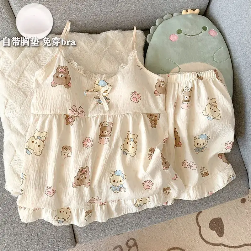 Kawaii Sanrio Rilakkuma Cotton Strap Sleepwear Summer Thin Edition with Chest Cushion Cartoon Style Outerwear Home Clothing Set
Kawaii Sanrio Rilakkuma Cotton Strap Sleepwear Summer Thin Edition with Chest Cushion Cartoon Style Outerwear Home Clothing Set